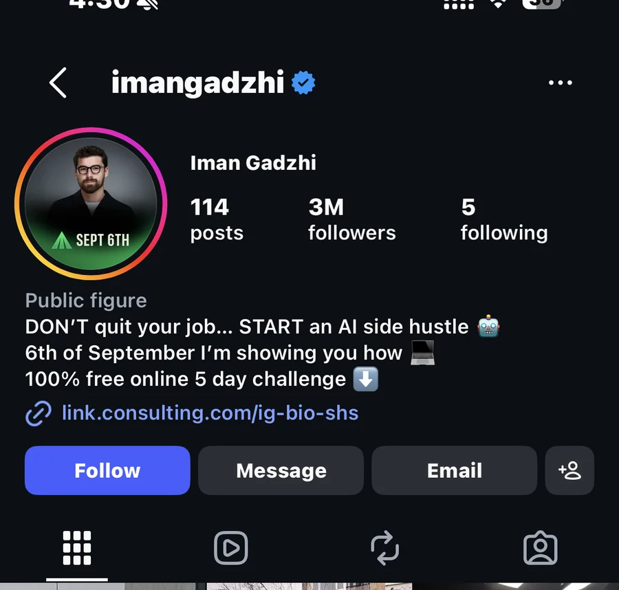 A public Instagram profile with 3 million followers offering a free five-day online challenge.