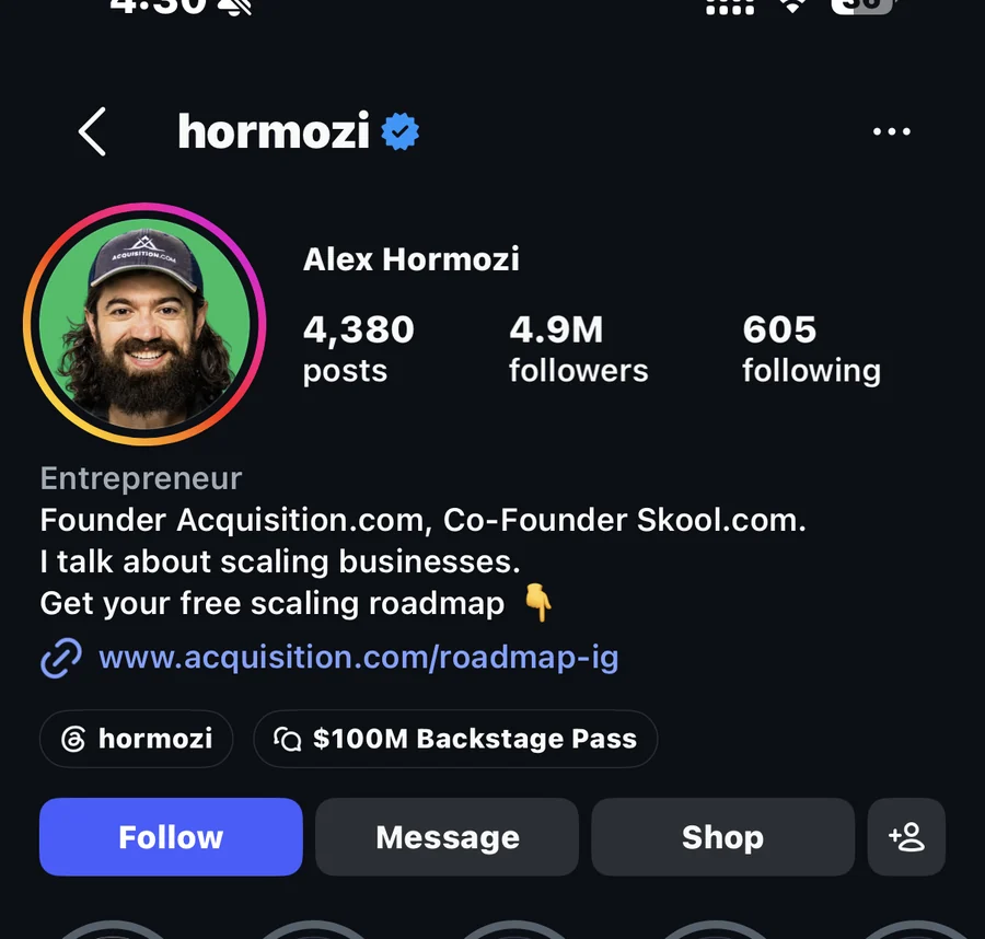 A public Instagram profile with 4.9 million followers offering a free business scaling roadmap.