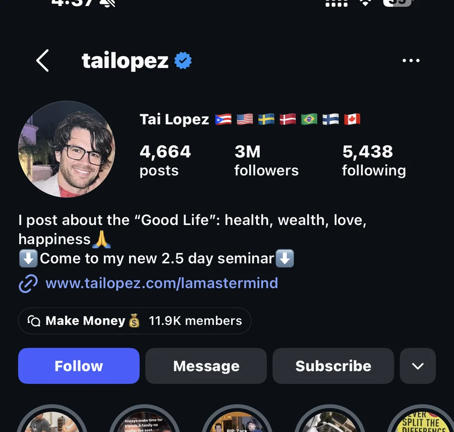 A public Instagram profile with 3 million followers offering seminars and paid groups.