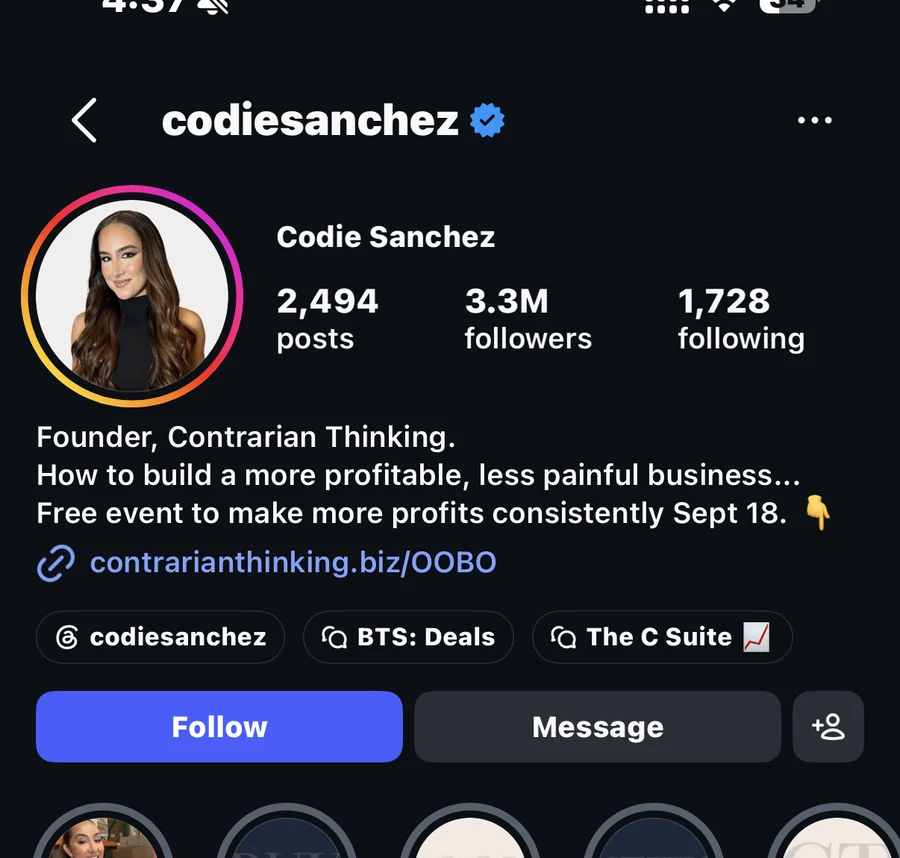 A public Instagram profile with 3.3 million followers offering business education and a newsletter.