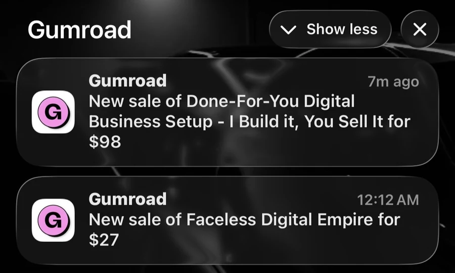 Two digital-product sale notifications, one for ninety-eight dollars and one for twenty-seven dollars.